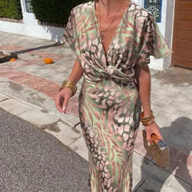 跨境2025亚马逊欧美女装时尚扭曲印花性感V领中长款欧美连衣裙女