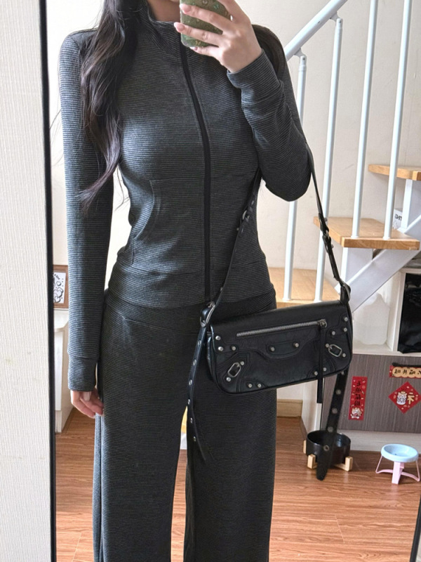 条纹立领修身外套女收腰卫衣开衫韩系短款上衣初秋运动小个子套装|undefined