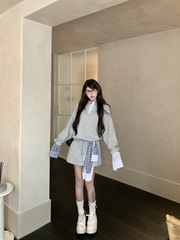 格纹拼接假两件咖色卫衣套装女秋季高腰半身裙短裙美式辣妹两件套