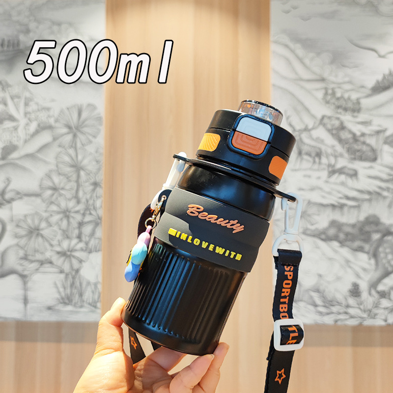 Botella de agua de alta capacidad colgante 3D doble boca de beber taza de aislamiento térmico strap al aire libre portable hervidor deportivo de agua