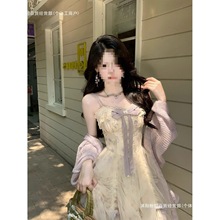 2025码胖早秋法式温柔风碎花网纱吊带连衣裙+针织开衫显两件套