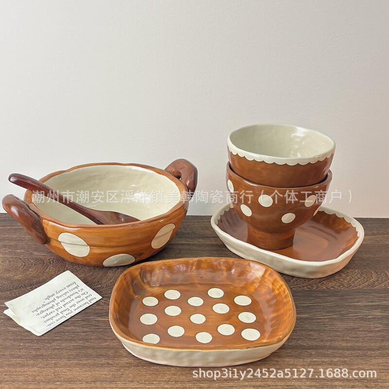 Vintage Handmade Ceramic Rice Bowl with Double Handles, Dessert Plate, Cake Plate, High-End Household Tableware Set, Cross-Border Vintage Handmade Ceramic Rice Bowl with Double Handles, Dessert Plate, Cake Plate, High-End Household Tableware Set, Cross-Border