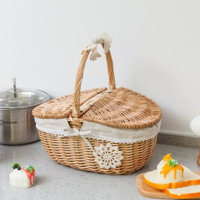Cestas de bambú de vid de trenzado cestas de picnic cestas de almacenamiento cestas de frutas de trenzado cestas pastorales con cubierta de mesa