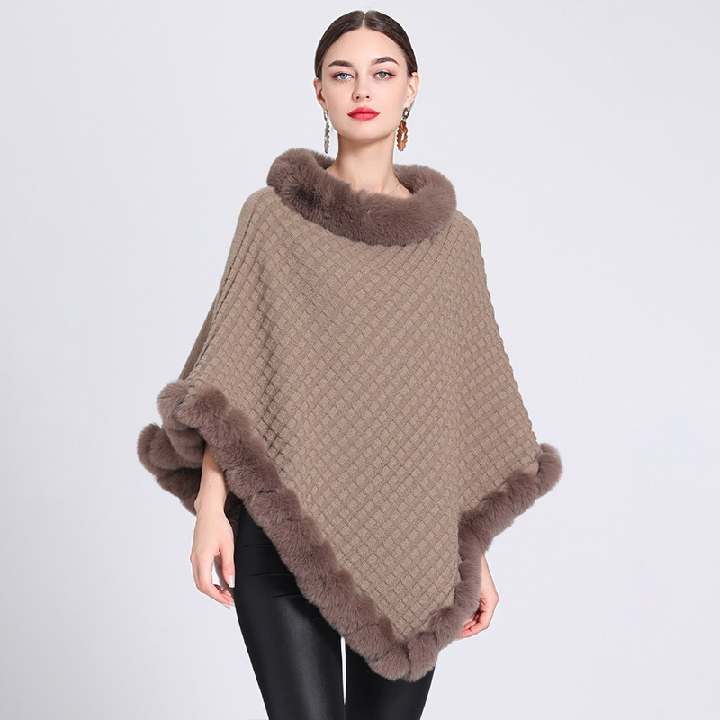 Fur collar cape cape women's knitted pullover sweater cape coat_voghion.com
