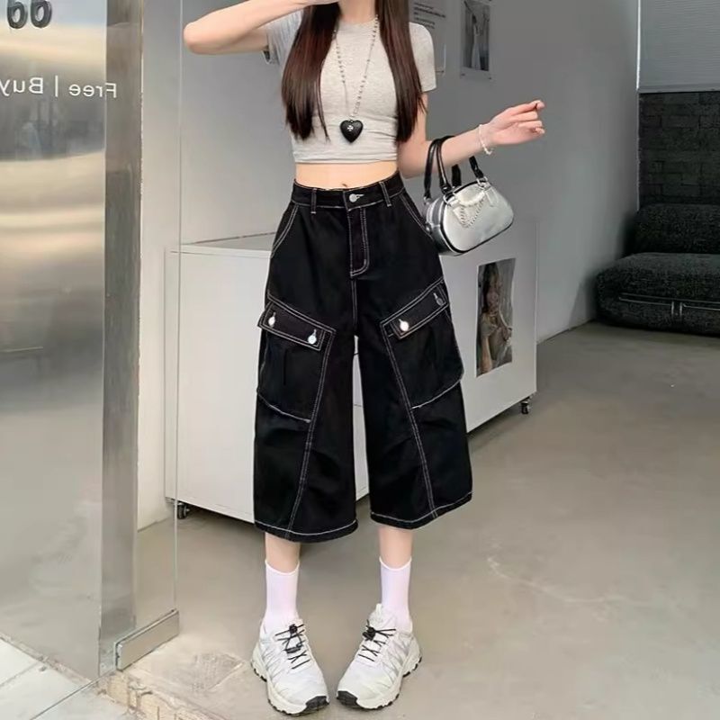 American Retro Exposed Pocket Cargo Cropped Denim Shorts for Women, Summer Loose Slimming Wide-Leg Straight Mid-Length Pants