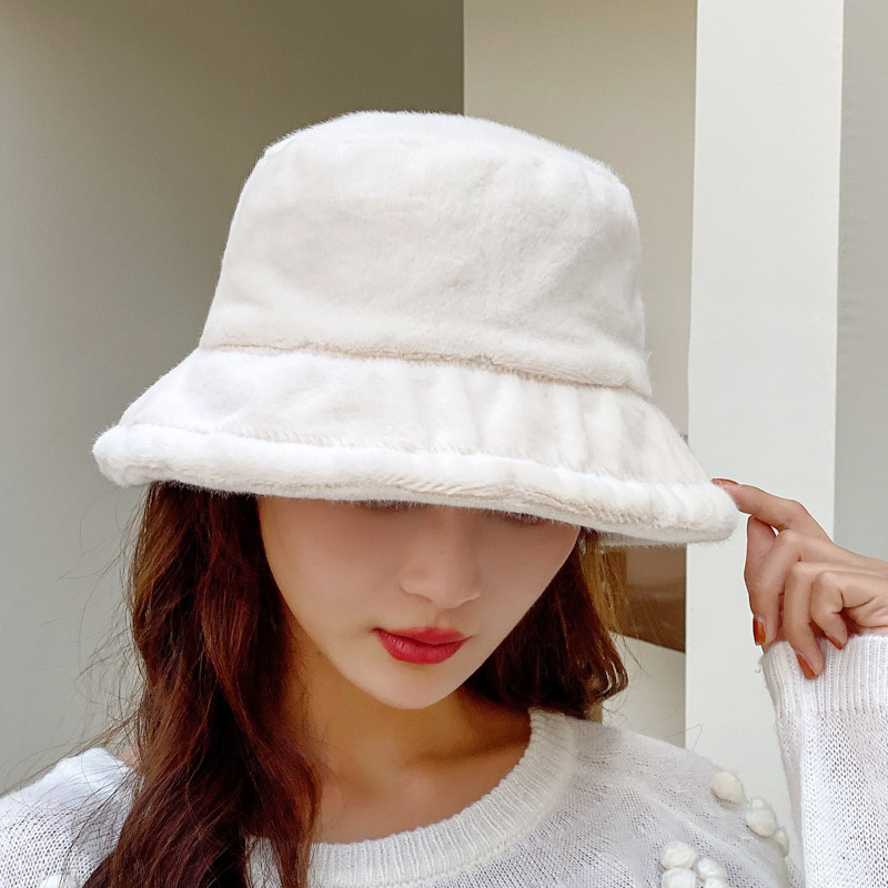 Herbst und Winter Hut weibliche Nachahmung Kaninchenfell Eimer Hut niedlichen Plüsch Mode Fischer Hut warm verdickt Becken Hut_voghion.com
