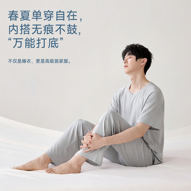 Cooling Lyocell Men's Pajamas Summer Short Sleeve Long Pants Round Neck Pullover Cool and Comfortable Thin Simple Homewear Cooling Lyocell Men's Pajamas Summer Short Sleeve Long Pants Round Neck Pullover Cool and Comfortable Thin Simple Homewear