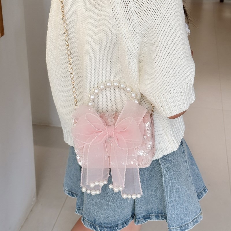 Bagos de perlas de niñas, arco de encaje de arco de princesa, bolsos de hombro de nueva cadena, bolsos para niños