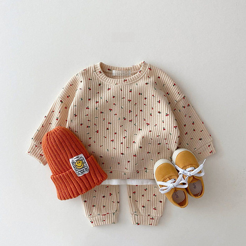 Ins Korean Version Baby and Children's Clothing Honeycomb Sweatshirt Casual Set Spring Girl's Fashion Floral Two-Piece Set