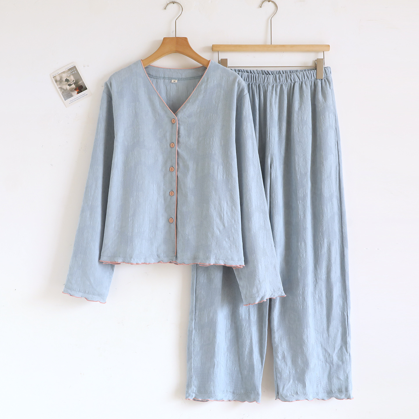 Casual V Neck Pajamas for Women, Spring & Fall Pure Cotton Thin Home Clothes, Long-Sleeved Pants, Simple and Comfortable, Can Be Worn Outside