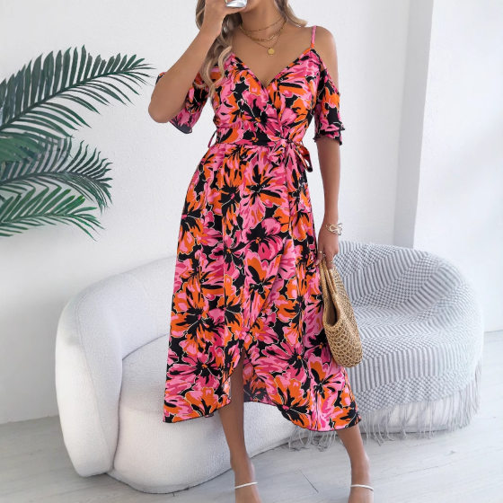 Real Shot Spring and Summer European and American Open-shoulder Cross V-neck Flower Strap Long Dress Holiday dress Independent Station Cross-border Women's Wear