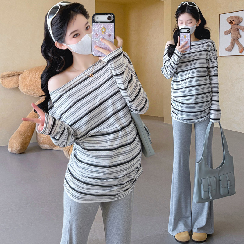Maternity Wear Spring Korean Style Striped One-Shoulder Sun-Protective Long-Sleeve T-Shirt Loose Top Flared Pants Maternity Set Maternity Wear Spring Korean Style Striped One-Shoulder Sun-Protective Long-Sleeve T-Shirt Loose Top Flared Pants Maternity Set