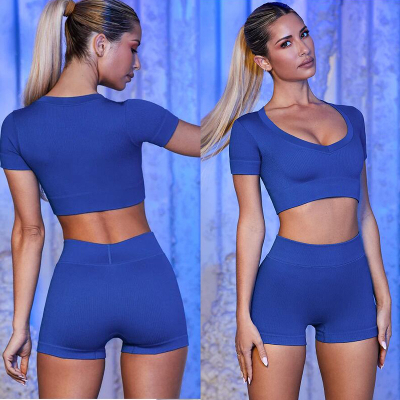 Naphthalene INS New European and American Hot Selling Sports Fitness Suit Women's Thread Short Sleeve Shorts Seamless Yoga Suit