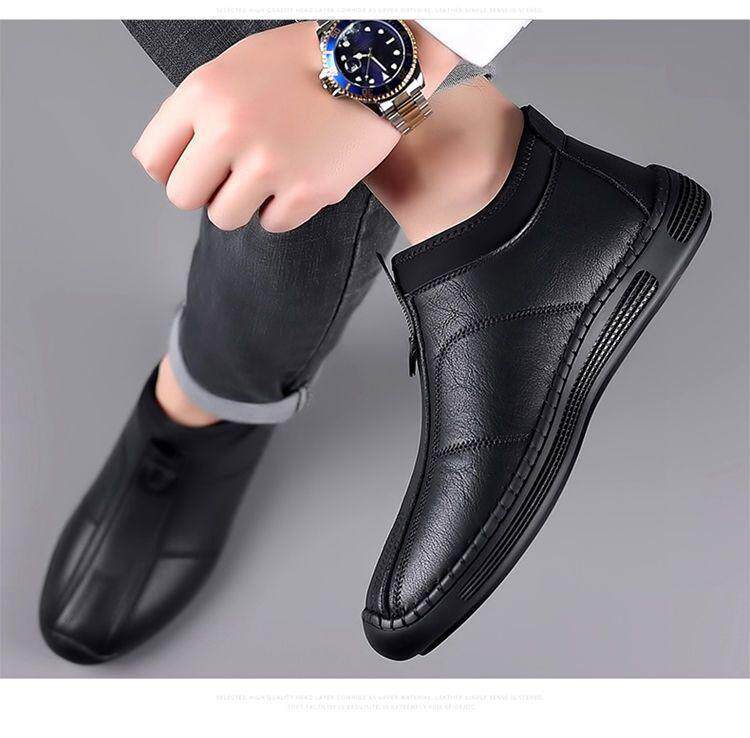 Bốt nam cổ trung lót lông giữ ấm chống trượt, giày da lười đế bằng — giày nâu, giày đen, Lông cừu đen, Màu nâu cộng với nhung chi tiết 20