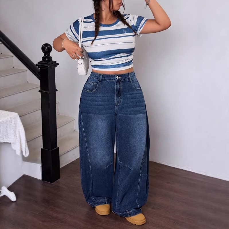 2026 Cross-Border Exclusive Supply for Europe and America Plus-Size Scimitar Pants, Vintage Washed Blue Loose Wide-Leg Jeans