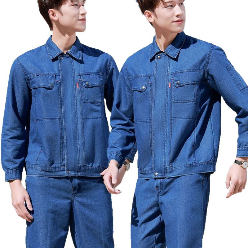 清風夏用デニム作業服 メンズ 耐熱 耐摩耗 耐汚れ 自動車修理工場服 長袖 溶接服 労働保護服セット|undefined
