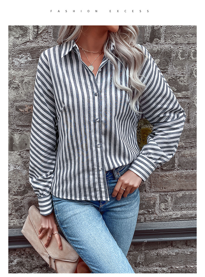 Gestreiftes Strickjacke Langarm-Poloshirt für Commuter Damen_voghion.com