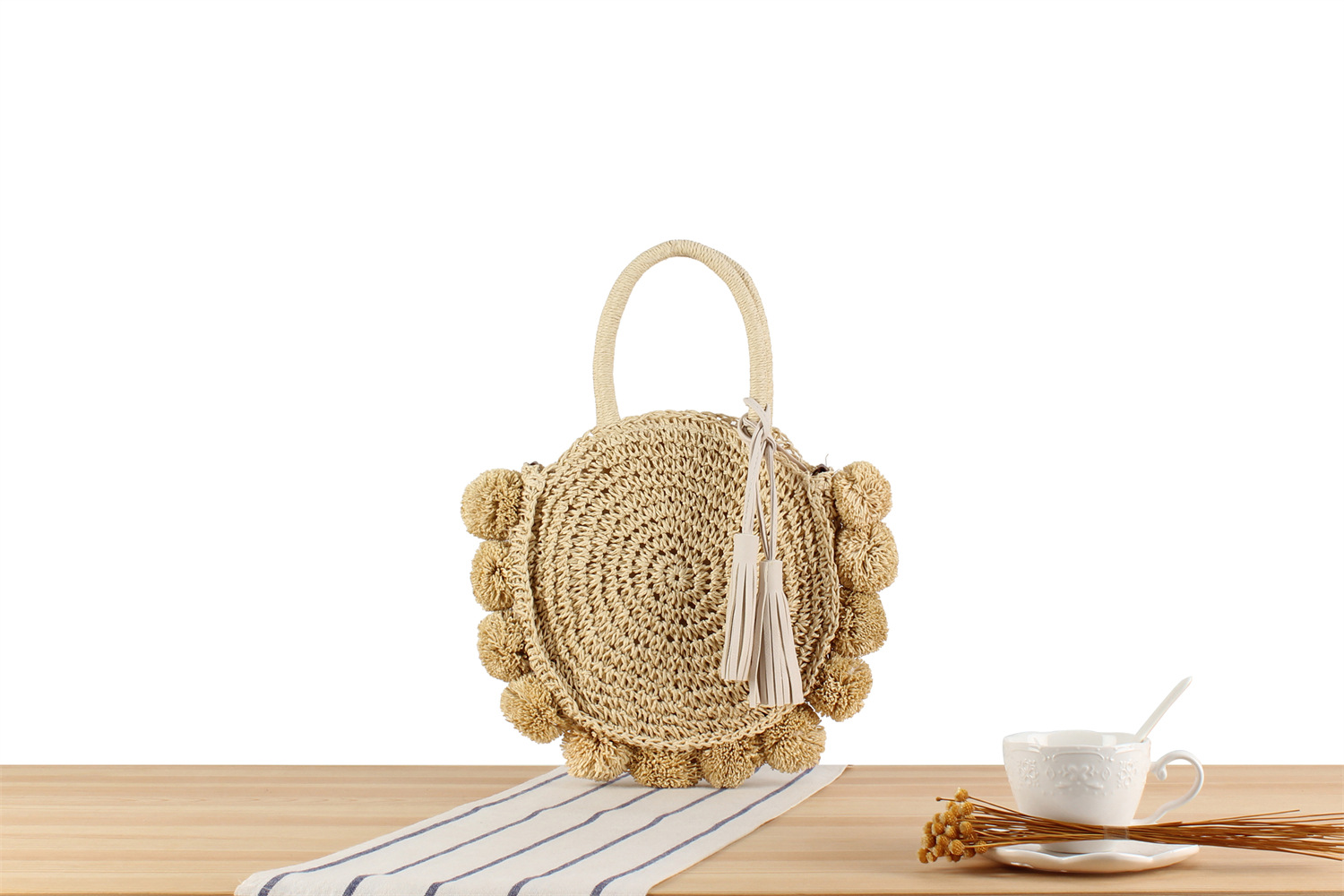 Women's Medium Paper String Solid Color Vacation Beach Weave Round Zipper Straw Bag display picture 1