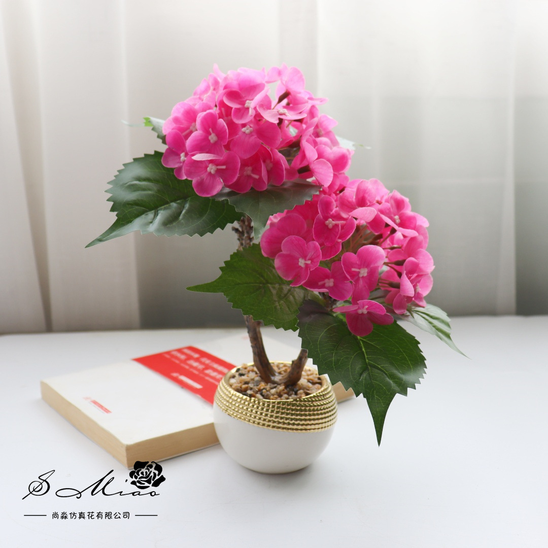 Flores falsas de alta calidad dos extremos hortenida flor de simulación bonsai decoración de moda creativa plantación verde artificial simulación maceta