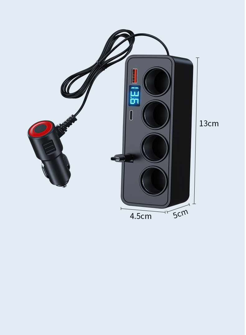 Car Cigarette Lighter One to Four Multi-Function Conversion Plug Pd120W Digital Display Fast Charging Retractable Cable Car Charger