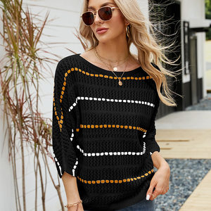 product - wholesale Loose Women Top Striped Knitwear off-Neck Hollow Out Hollow Out Cutout-out Knitted Sweater - 4