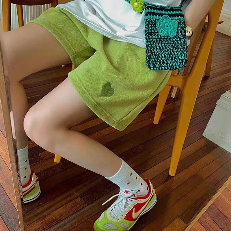 Love Embroidered Shorts, Belly Support, Summer Pants for Pregnant Women, Green Korean Style, Trendy and Loose