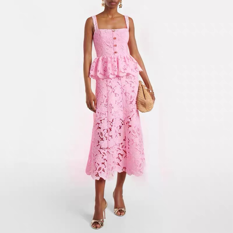 Cross-Border Independent Designer Style, Elegant and Sexy Spaghetti Strap Floral Lace Tiered Long Dress