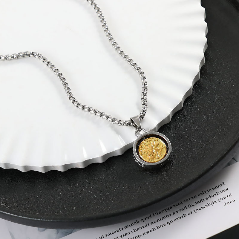 Men's Gold Pentagonal Rotating Coin Pendant Necklace Protection_voghion.com