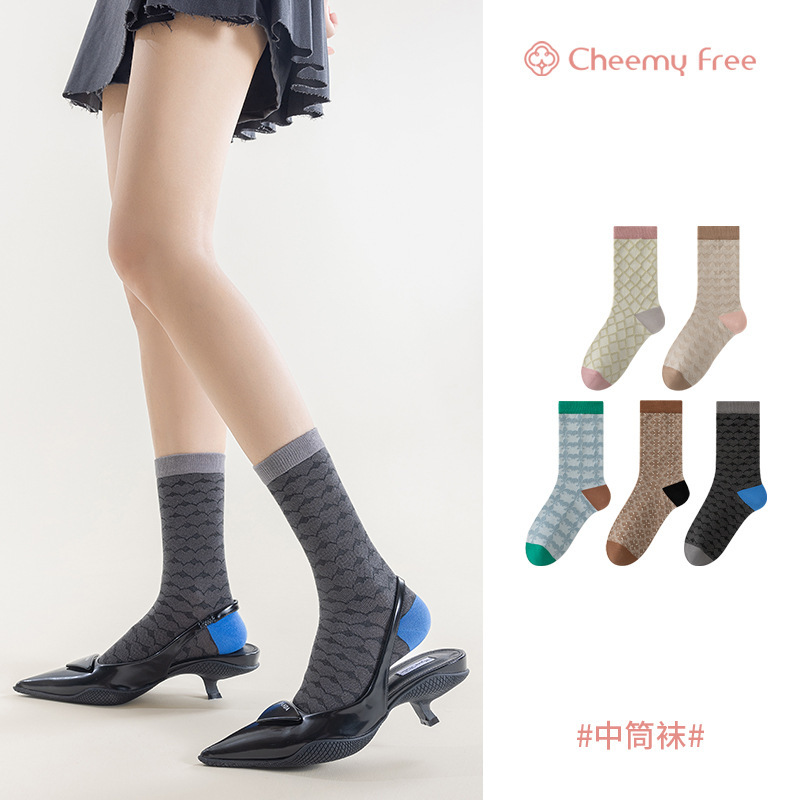 CHEEMY FREE 春夏レディースチェック柄ミッドカーフソックス春秋チェック柄デザインカジュアルデザインマッチングパイルソックス|undefined
