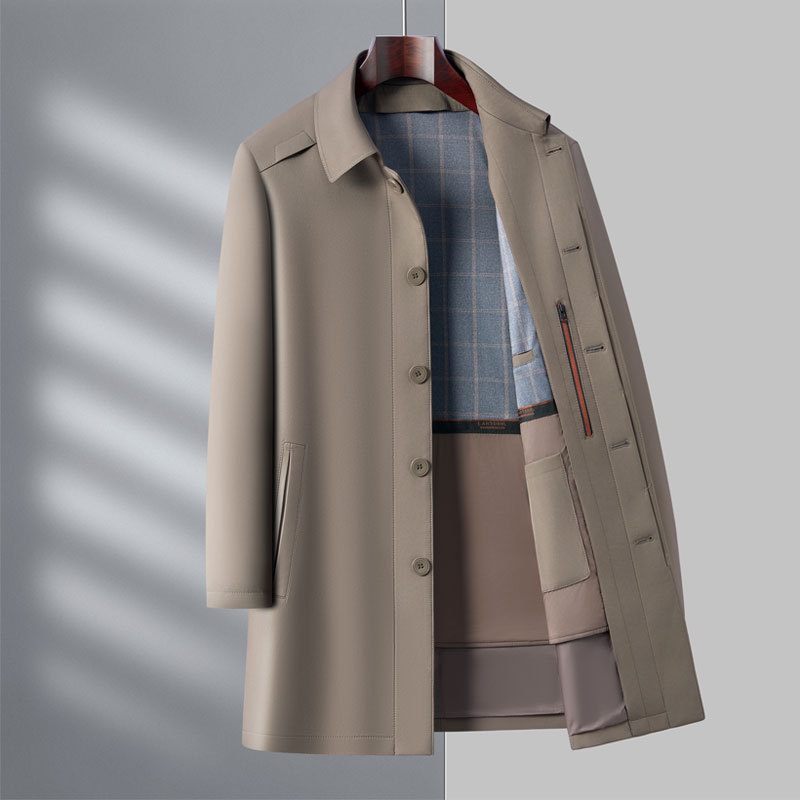 Windbreaker Wool Liner Lapel Mid-length Fashion Cotton-padded Business Men's Autumn and Winter Thickened Cotton-padded Coat