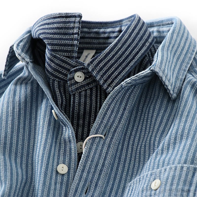 American-Style Handsome Striped Shirt for Men, Japanese Retro Heavy Loose Casual Long-Sleeve Work Shirt, Khaki Jacket