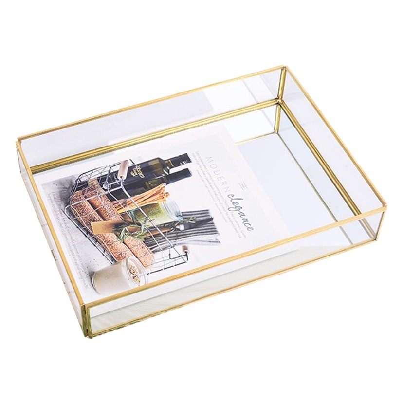 Borde de oro bandeja de almacenamiento de vidrio de escritorio aromaterapia cosméticos misceláneas bandeja de organización de oro retro joyería placa adornos