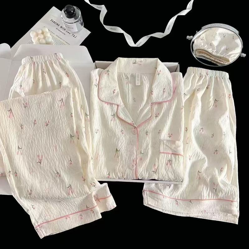 クロスボーダークラウド綿ガーゼパジャマ女性の夏半袖かわいい学生 2025 新しいホーム服 3 点セット|undefined