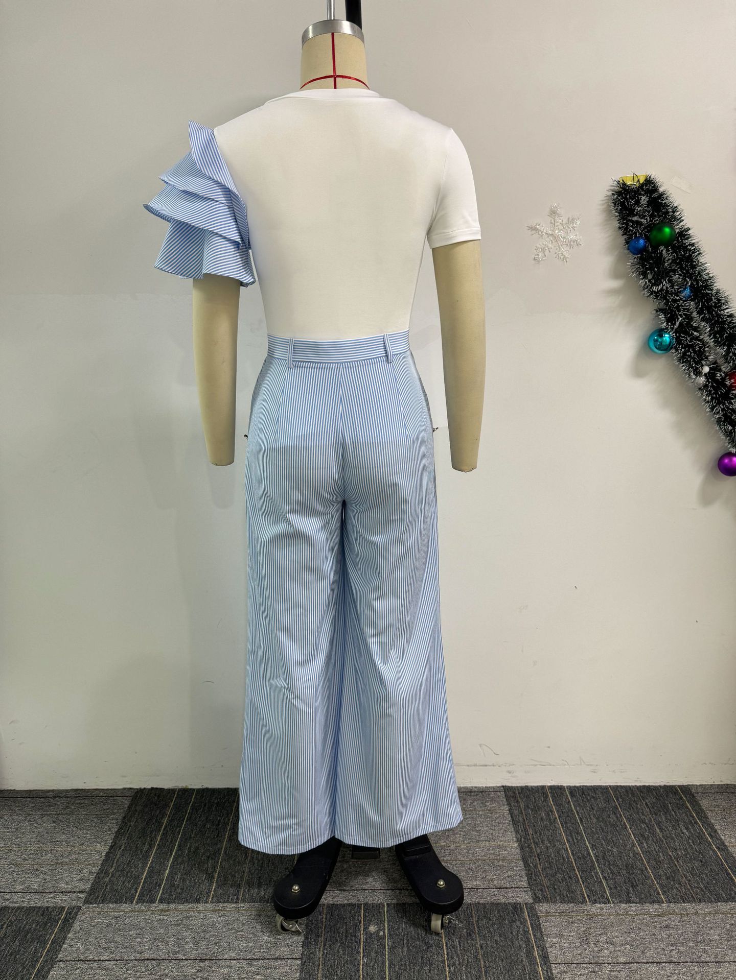 Round Neck Short Sleeve Striped Contrast Color Wide Leg Pants Two Piece Sets