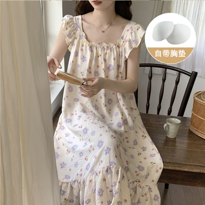 2024 Tiansishuang Cotton Pajamas Women's Summer with Chest Pad Suspenders Mid-length Sleeping Dress Sweet Home Clothes for Going Out