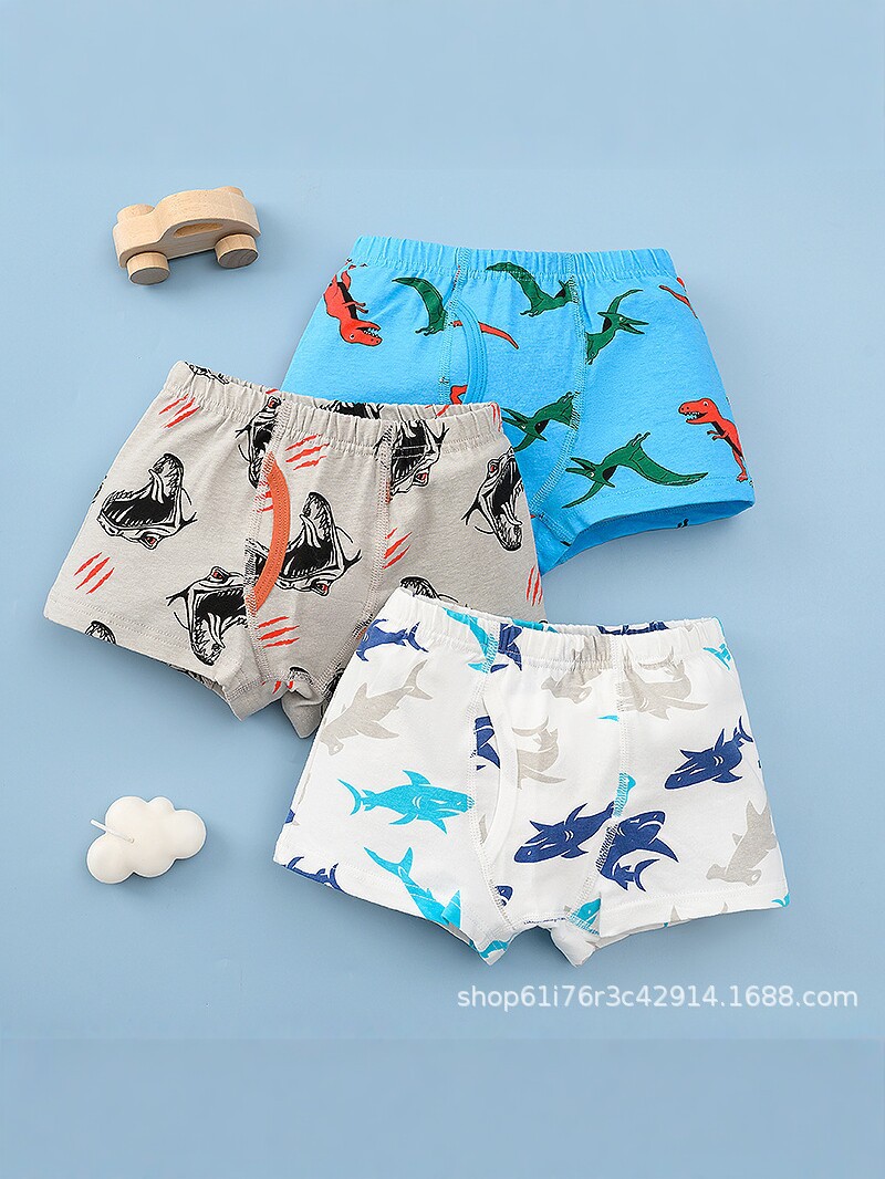 Children's pure cotton boxer briefs for boys with cartoon dinosaur and shark prints, breathable and comfortable shorts for older kids