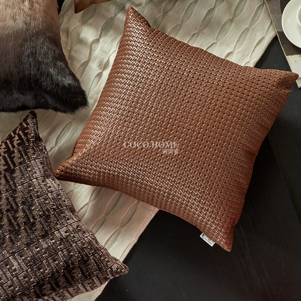 French light luxury brown sofa pillow with pillow connected to villa living room embossed PU cushion waist pillow model room high-end