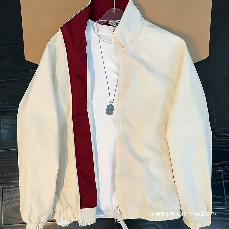 American-Style Patchwork Color-Blocking Jacket for Men, Spring Cleanfit Loose-Fitting Bomber Jacket, Sporty Stand-Collar Baseball Jacket