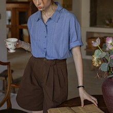 Daijyart“戛纳海诗”法式色织提花条纹宽松翻边门襟打条短袖衬衫