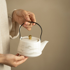 羊脂玉提梁壺遠山白磁ティーポット家庭用高級カンフー茶器陶磁器泡ティーポット水墨セット