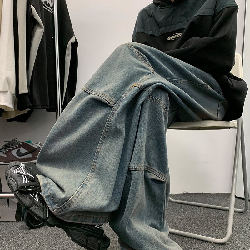 Spring and Autumn Patchwork Straight-Leg Jeans Men's Washed Casual Trendy Brand Elastic Waist Japanese Style Retro Teenagers Handsome Pants