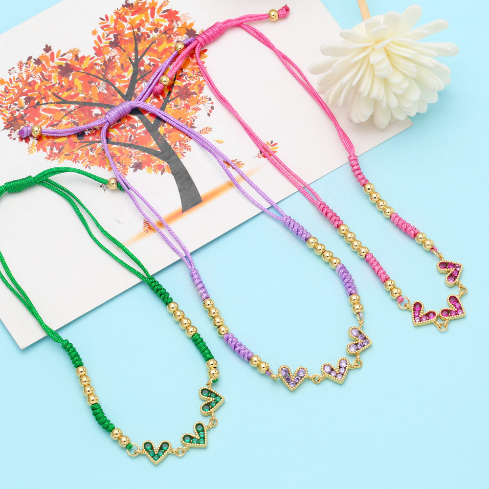 Fashion Colorful Heart-Shaped Inlay Zircon Braided Copper Bracelet