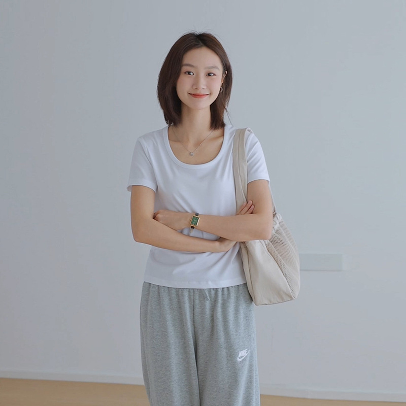 莱赛尔天丝大圆领T恤女短袖正肩外穿显瘦露锁骨半袖体恤衫|undefined