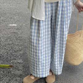 日系小清新蓝白格子宽松阔腿裤女夏季小个子休闲百搭高腰九分裤潮