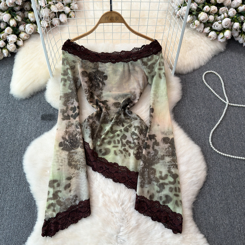 Foreign Trade Style Tops Summer Women's Rose Printed Lace Mesh Bottoming Shirt Women's 2025 New Trend