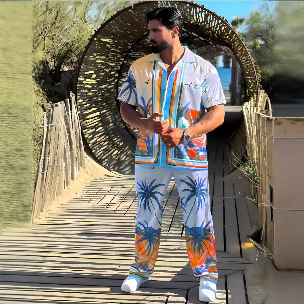 Neues Herrenhemd mit Print, lässiges Kurzarm-Set mit langer Hose für den Strand_voghion.com