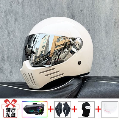 Motosiklet kaskı (dəbilqə) – Certified Retro Motorcycle Full-Face Helmet - pearl-white-silver-plated-mirror-transparent-mirror-delivered-y10-soft-wheat-m