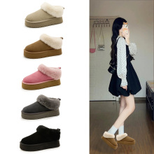 2025秋冬女士真毛雪地靴舒适厚底增高圆头一脚蹬加绒毛毛鞋女