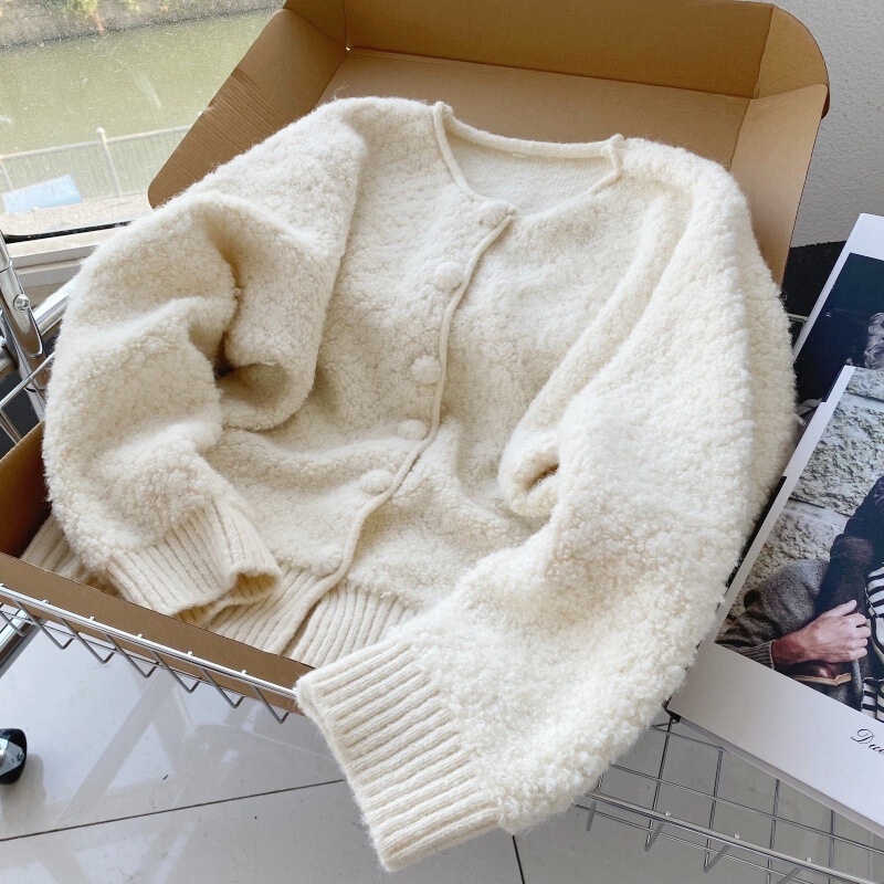 Nuo Jiji~ Korean Designer Nw Terry Jacket Short Fluffy Soft Cashmere Cardigan with a Lazy Vibe