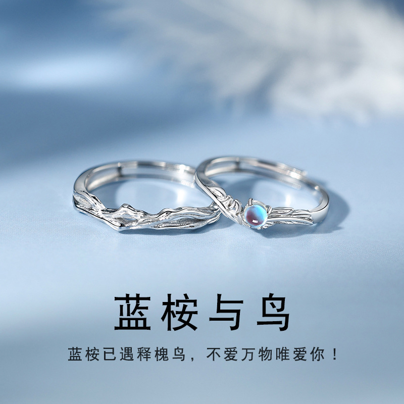 《蓝桉与鸟》银情侣戒指一对小众设计刻字男女情侣款对戒2025新款
